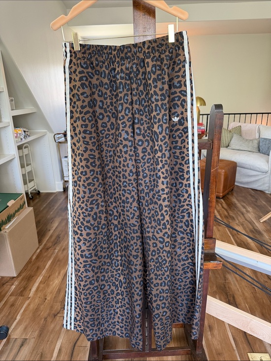 adidas Pants - adidas Brown and Black Leopard Wide-Leg Track Pants with White Side Stripes